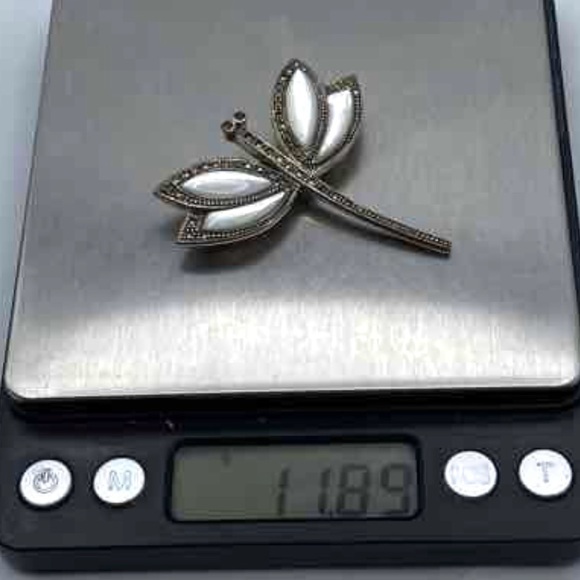 Vintage Sterling Silver Dragonfly Brooch  with Mother of Pearl & Marcasite - Picture 6 of 9